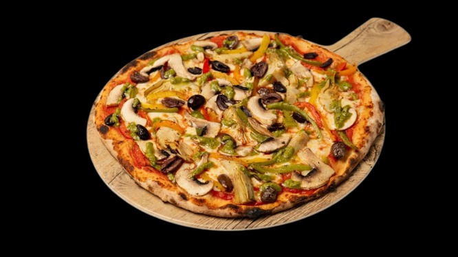 FOODURO vegetarian pizza with mushrooms, olives, and peppers